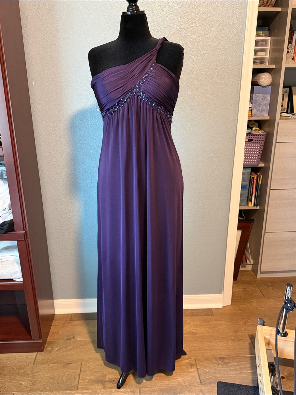 Adrianna Papell One-Shoulder Plum Evening Gown with Beaded Waist